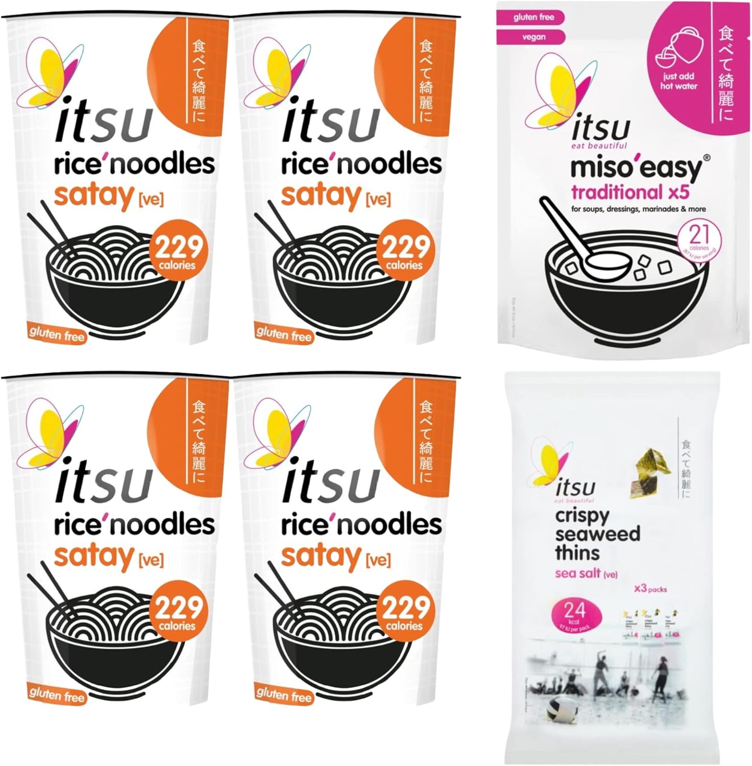 Itsu Seaweed Thins, Rice Noodles & Miso Soup Bundle Cup Noodles Vegan, Low Calorie & Gluten Free