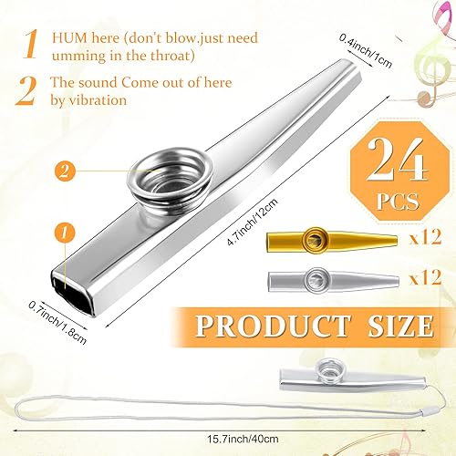 Miniatura 2 de 24 piezas de kazoo de metal dorado y plateado con cordón, instrumentos musicales, boca, kazoos, buen compañero para guitarra, violín, piano, regalos
