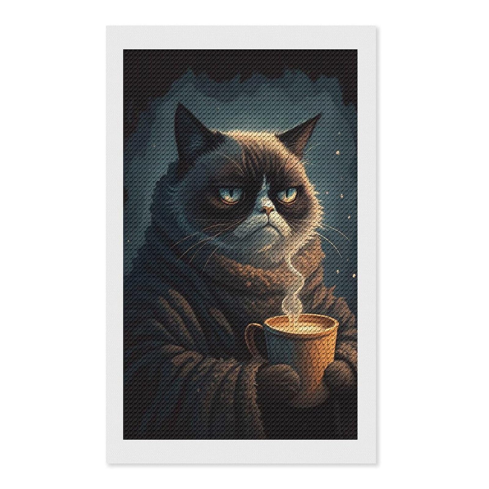 Junmoney Grumpy Cat with Coffee(2) DIY Diamond Art Canvas Kit 12"x20", Winter Craft, Mindful Craft Project, Aesthetic Room Decor, Decor Project