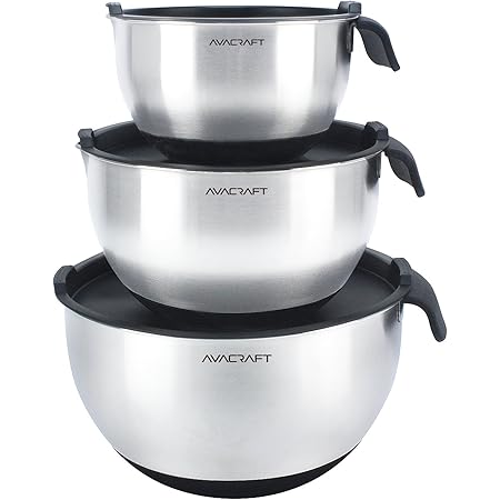 AVACRAFT 18/10 Stainless Steel Mixing Bowls with Lids, non slip silicone base bowls with Handle, Mixing Bowl Set with Pour Spouts & Measurement Marks, Home Essentials Cooking Bowls, (Black)