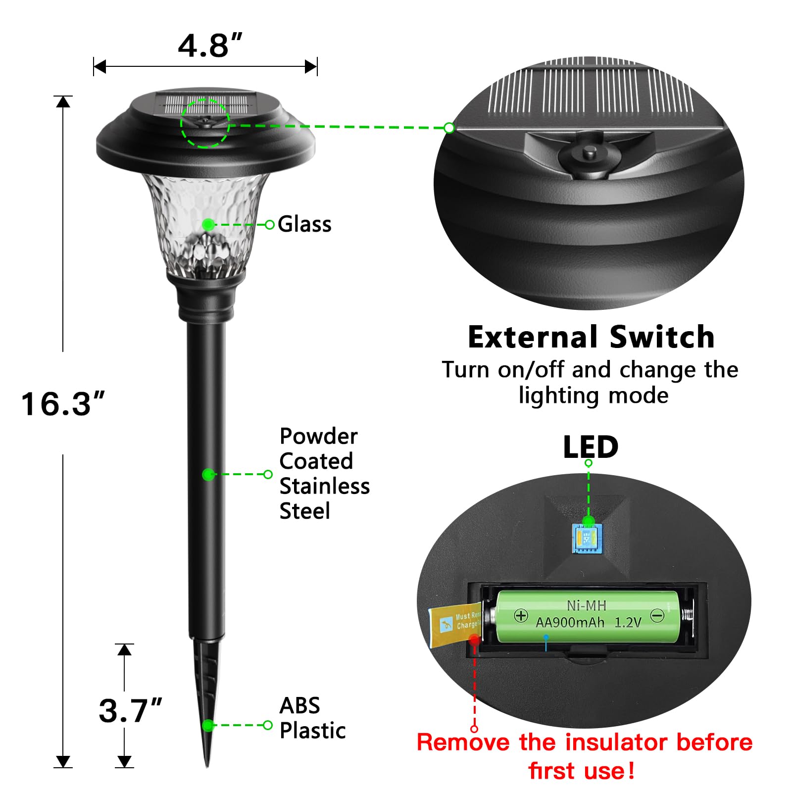 Paquete de 8 luces solares de camino para jardín al aire libre, cambio de color, blanco cálido, blanco brillante, IP65, impermeable, acero inoxidable, decorativo, paisaje, camino, patio, luces
