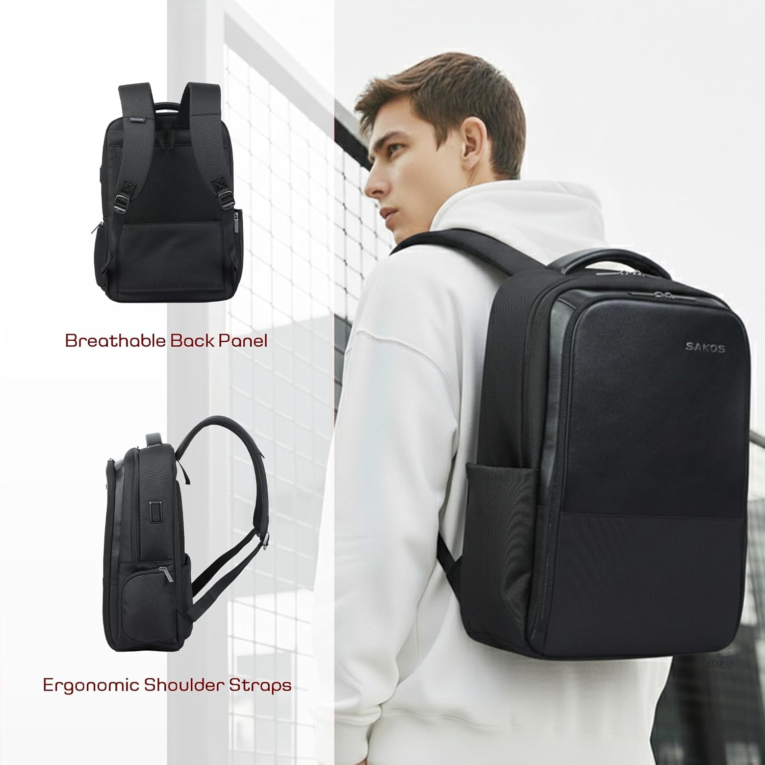 SAKOS PLANUS Laptop Backpack for Men & Women, 15.6 Inch Business Backpack with USB Charging Port, Water Resistant Work & Travel Laptop Backpack with Microfiber Leather Accents