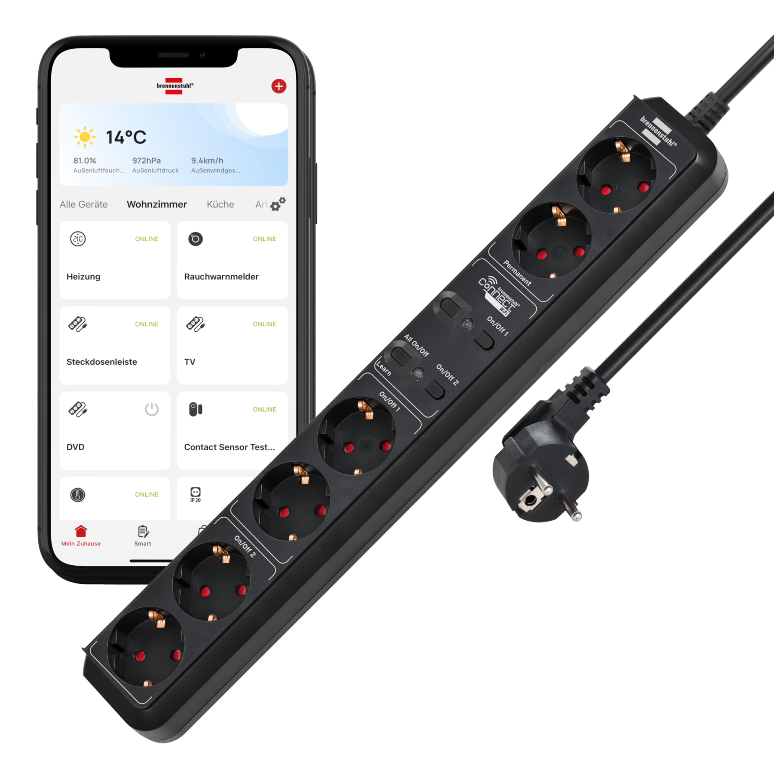 Brennenstuhl Connect Regleta Inteligente Eco-Line WS EL0102 con 6 Tomas programable (Regleta WiFi, Control por App o Voz, aplicación Gratuita, Compatible con Alexa y Google Assistant) Negro