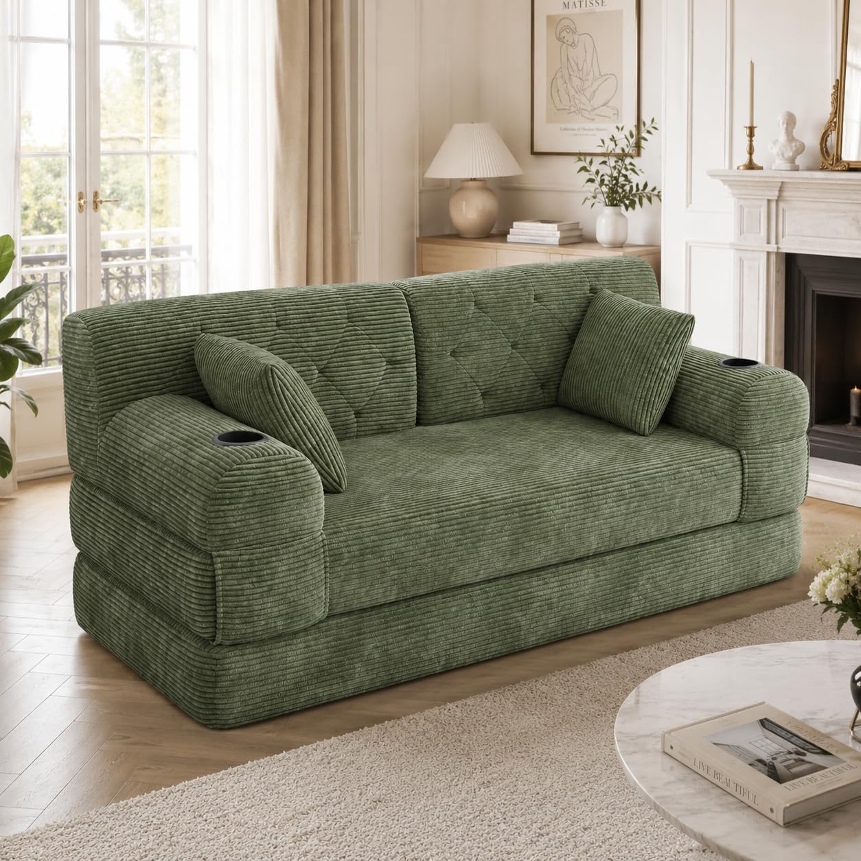Divano Letto 2 posti con Struttura in Metallo, 2 Portabicchieri e 4 Tasche Laterali, divano Modulare Pieghevole a Compressione, divano Convertibile in Velluto a coste, Sofa Soggiorno, Verde