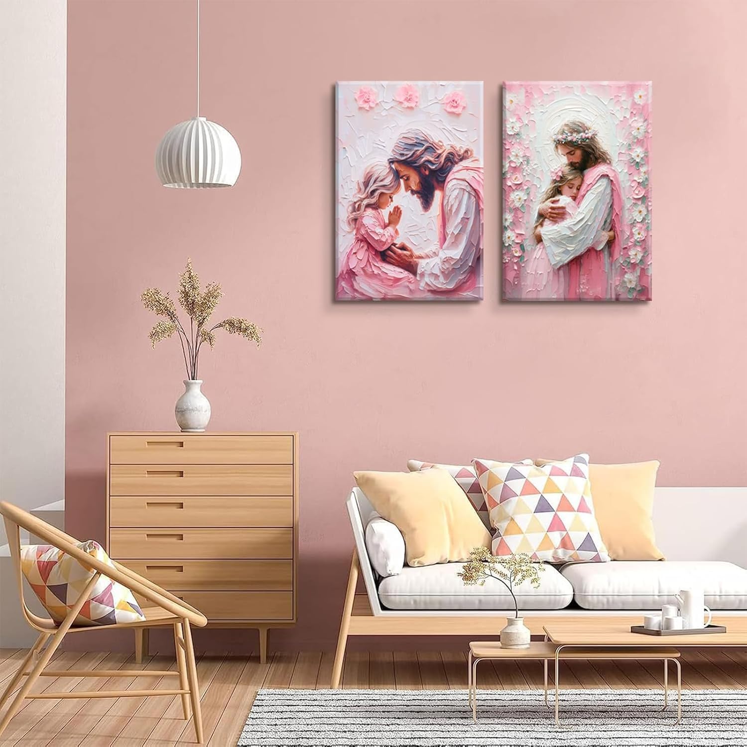 YYSEYKFJ 2Pcs Christian Canvas Wall Art Pink Jesus and Girl Wall Decor Jesus Hug Girl Praying Artwork Posters Modern Christian Spiritual Healing Painting Pictures for Girls Room (12x16in Canvas)