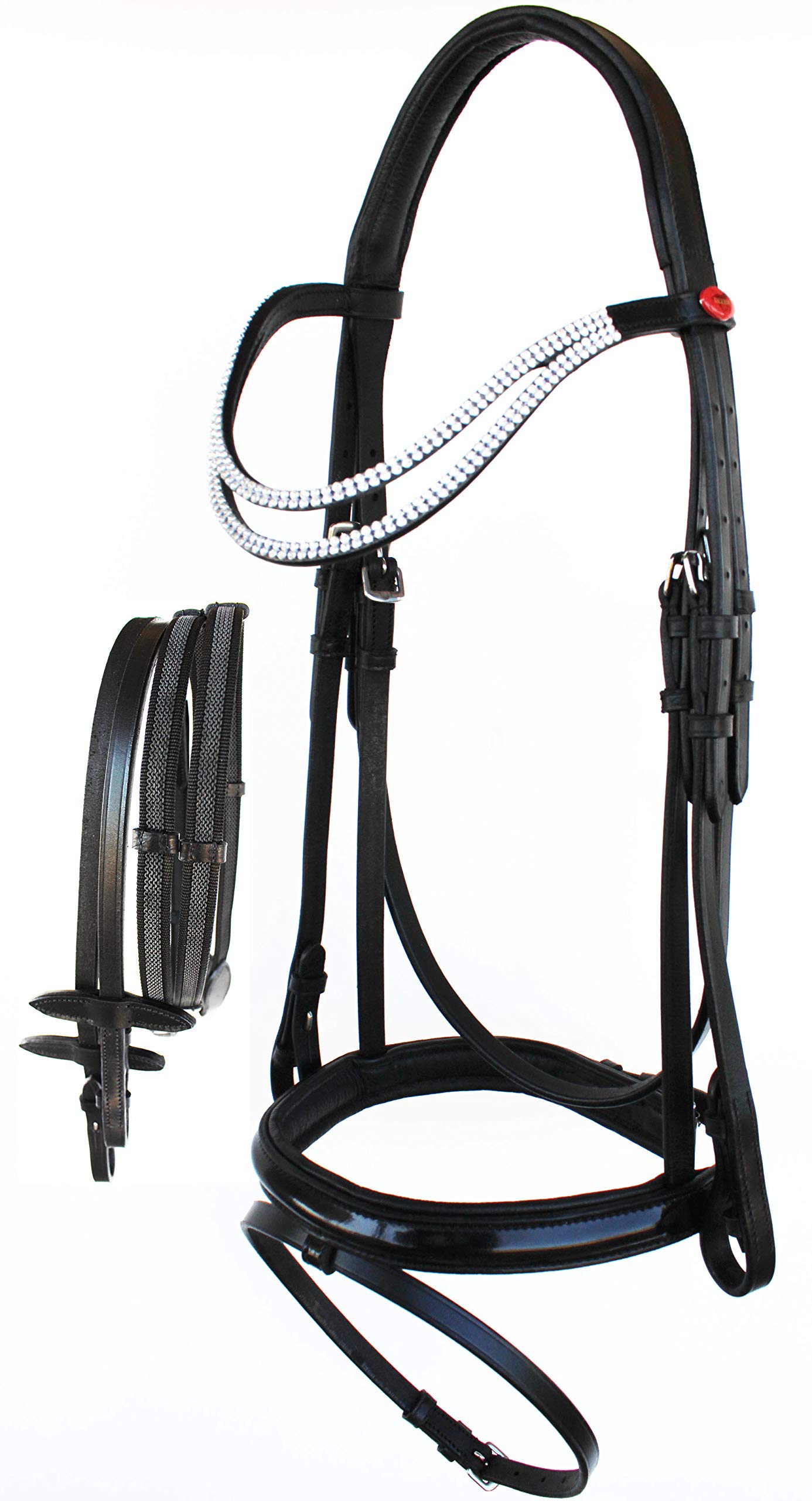 CHALLENGER English Horse All Purpose Padded Leather Double Curved Browband Flash Bridle Reins 803477BKF