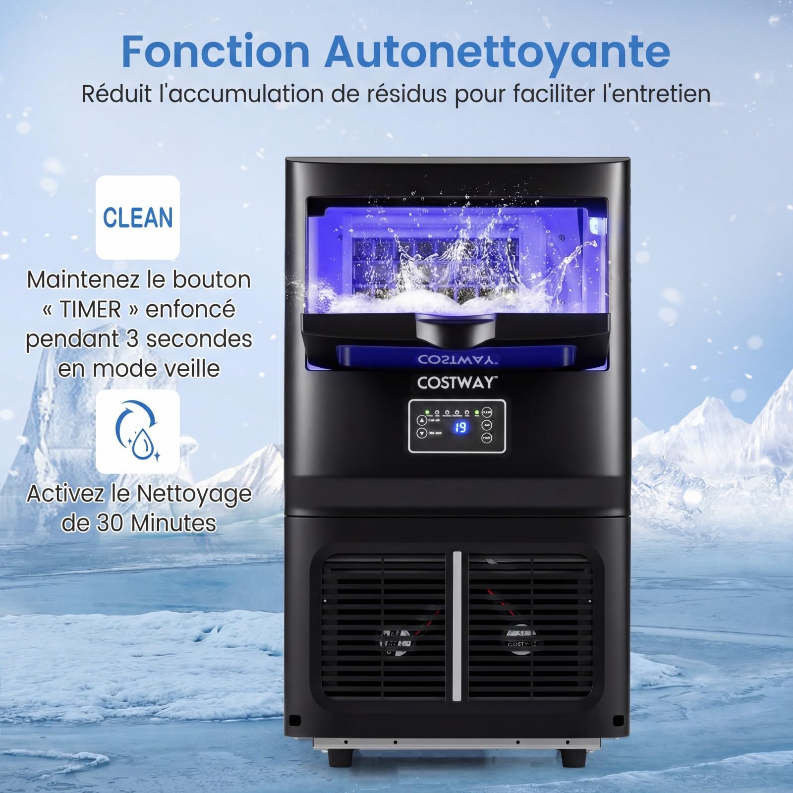 COSTWAY Machine à Glaçons Commerciale Professionnel, 25-30 kg/24 h, Ice Maker Acier Inoxydable, Auto-Nettoyage, Filtre à Eau, 24 Cubes par Cycle, Storage de 5 kg, Maison, Bar, Restaurant, Café