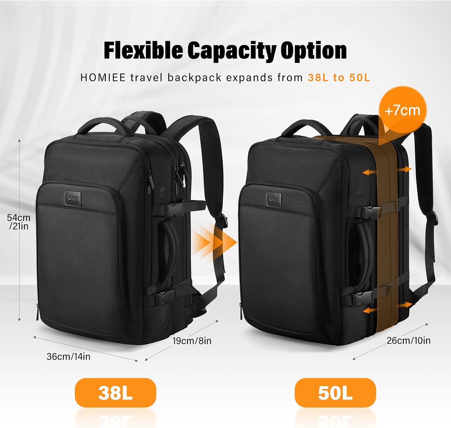 HOMIEE Carry On Luggage 22x14x9 Airline Approved 50L Travel Backpack, Extra Large Expandable Laptop Backpack, Black - Image 2