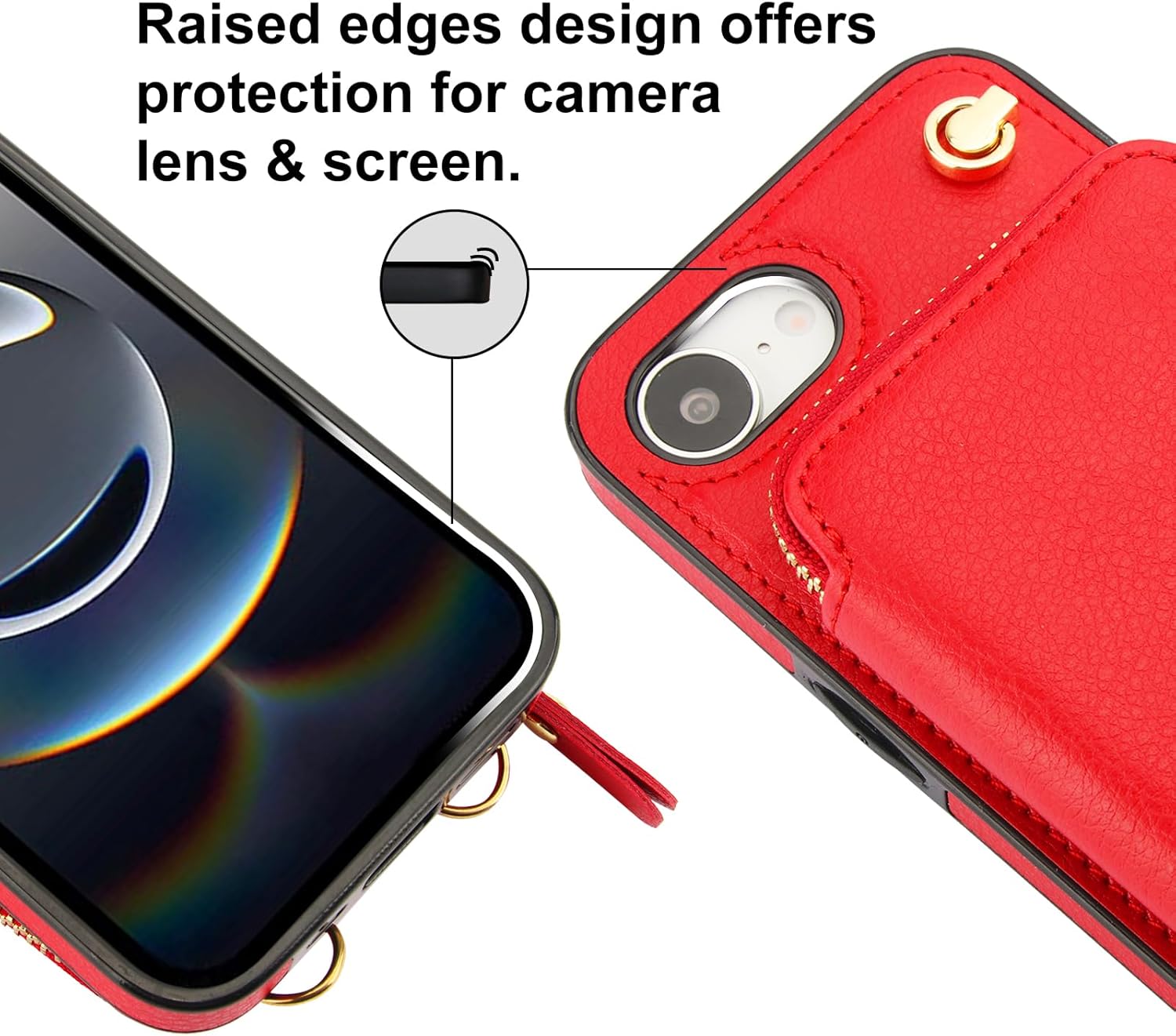 Bocasal Crossbody Wallet Case for iPhone 17e/16e, RFID Blocking Leather Purse Case with Card Holder, Protective Handbag Flip Cover with Zipper Wrist Strap Lanyard for Women 5G 6.1 Inch (Red)