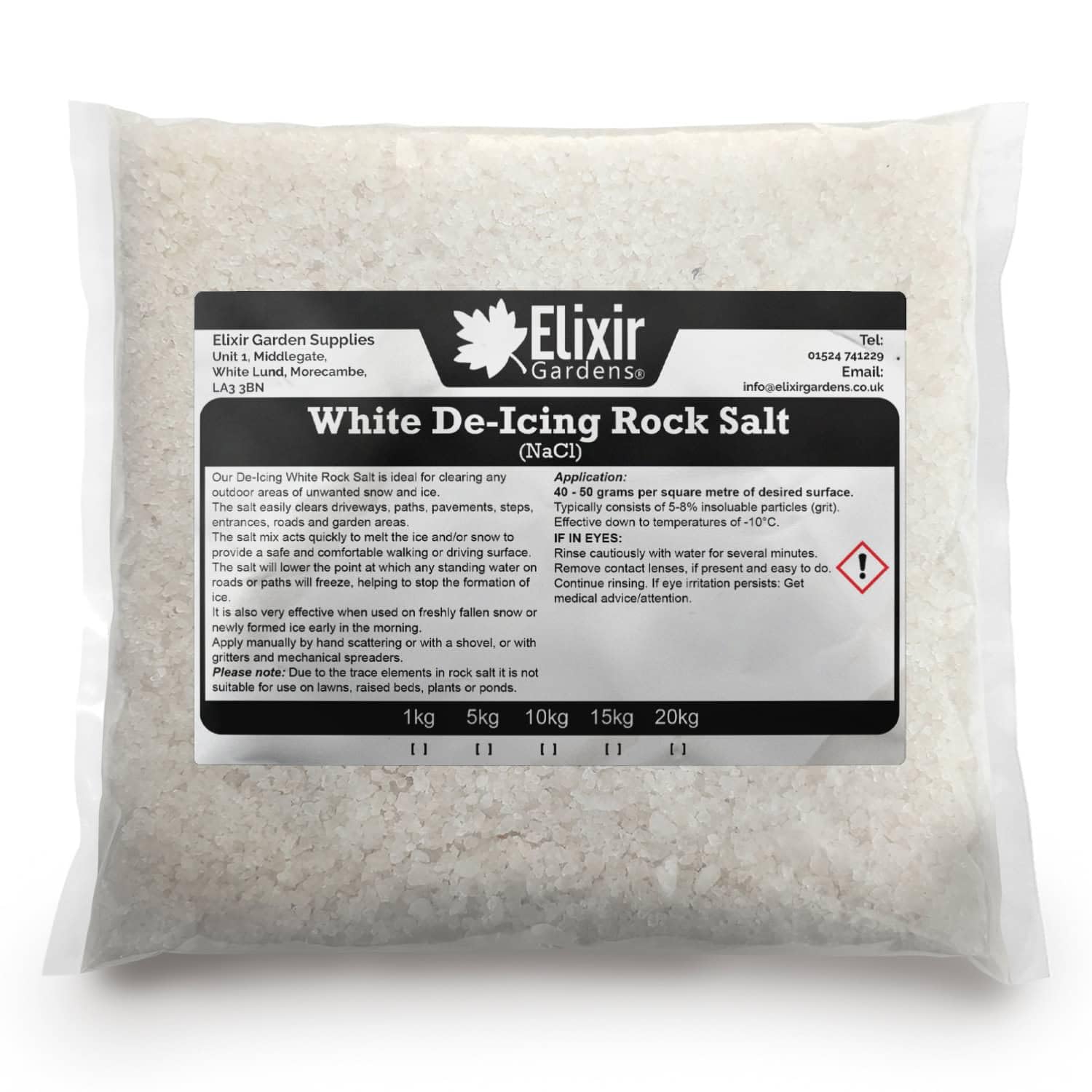 Elixir Gardens | De-Icing Rock Salt | Quantities from 1kg-20kg | From 20 sq.m-500sq.m Coverage | Perfect for Melting/Gritting Ice & Snow on Paths, Drives, Pavements & Steps | White De-Icer | 15kg Bag