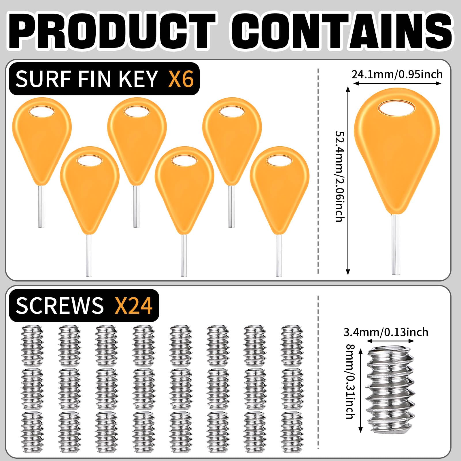 Tandefio 6 Pcs Surf Fin Key Surfing Surf Fin Key with 24 Pcs Fin Screws Universal Hexagon Surfboard Fin Key Replacement for Surfing Board Accessory(Yellow)