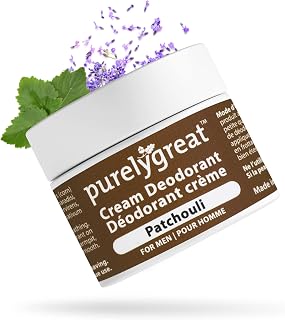 Purelygreat - All Natural Men’s Deodorant, Long-Lasting Natural Deodorant for Daily Use, Aluminum-Free Cream Deodorant for Men, EWG Verified Handcrafted Vegan Deodorant, Patchouli, 50 g