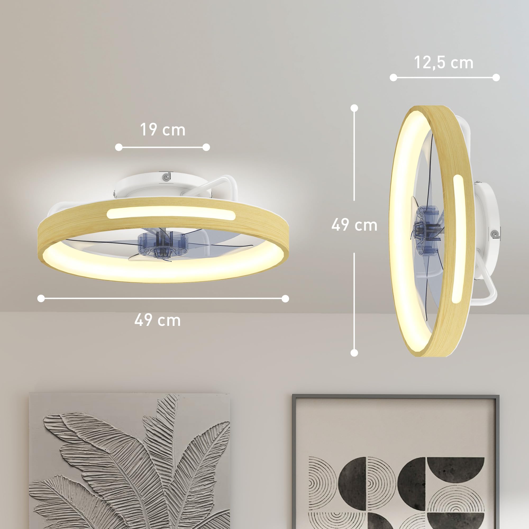 HOMCOM Deckenleuchte mit Ventilator, Ø49 cm Leise LED Deckenventilator mit Beleuchtung, Fernbedienung, 6 Geschwindigkeiten, 3 Farbtemperaturen, umkehrbarem DC-Motor, Timer für Wohnzimmer, Schlafzimmer