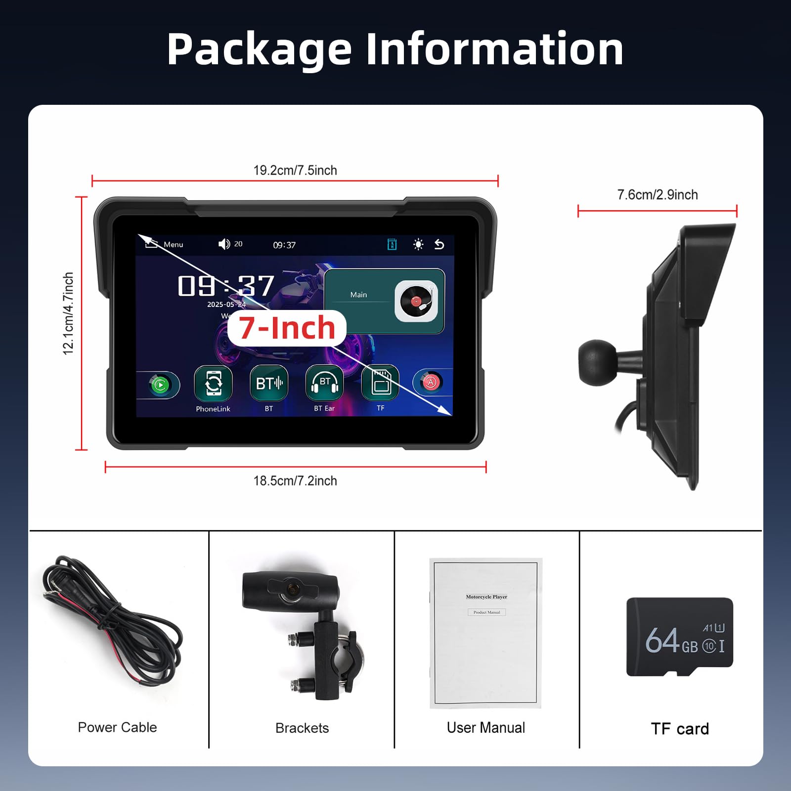 Schermo Carplay Moto Senza Fili 7 Pollici Impermeabile Touchscreen Doppio Bluetooth Navigazione GPS Android Auto +64G Card