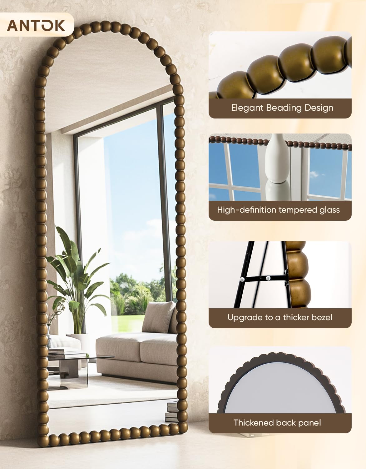 Antok 180x71 cm Ganzkörperspiegel Standspiegel - Arch Gerader Winkel Spiegel mit HD Glas BogenSpiegel Wandspiegel für Wohnzimmer Schlafzimmer, Hellbraun
