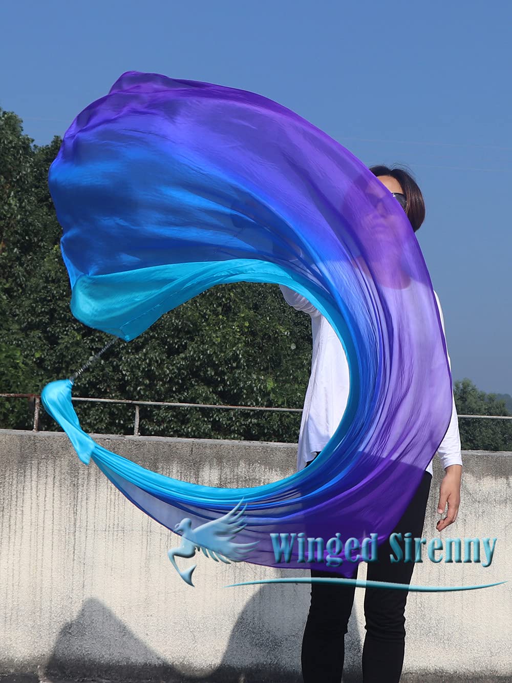 Winged Sirenny Anelli Da Polso Con Nastri In Seta – 2 Pezzi – Per Danza, Gioco E Flow Arts – Colore Grace (Nastri Dipinti A Mano, Anelli In Bambù)