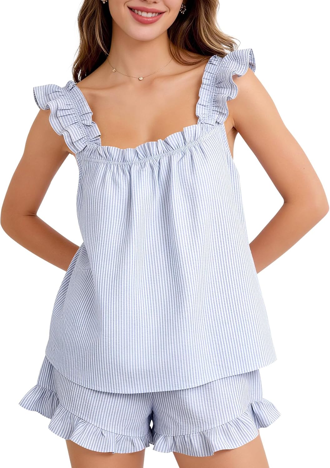 Kissonic Womens Striped Ruffle Pajama Set 2 Piece Cute Cotton Sleeveless Bridal Pjs Frilly Sleepwear Lounge Set