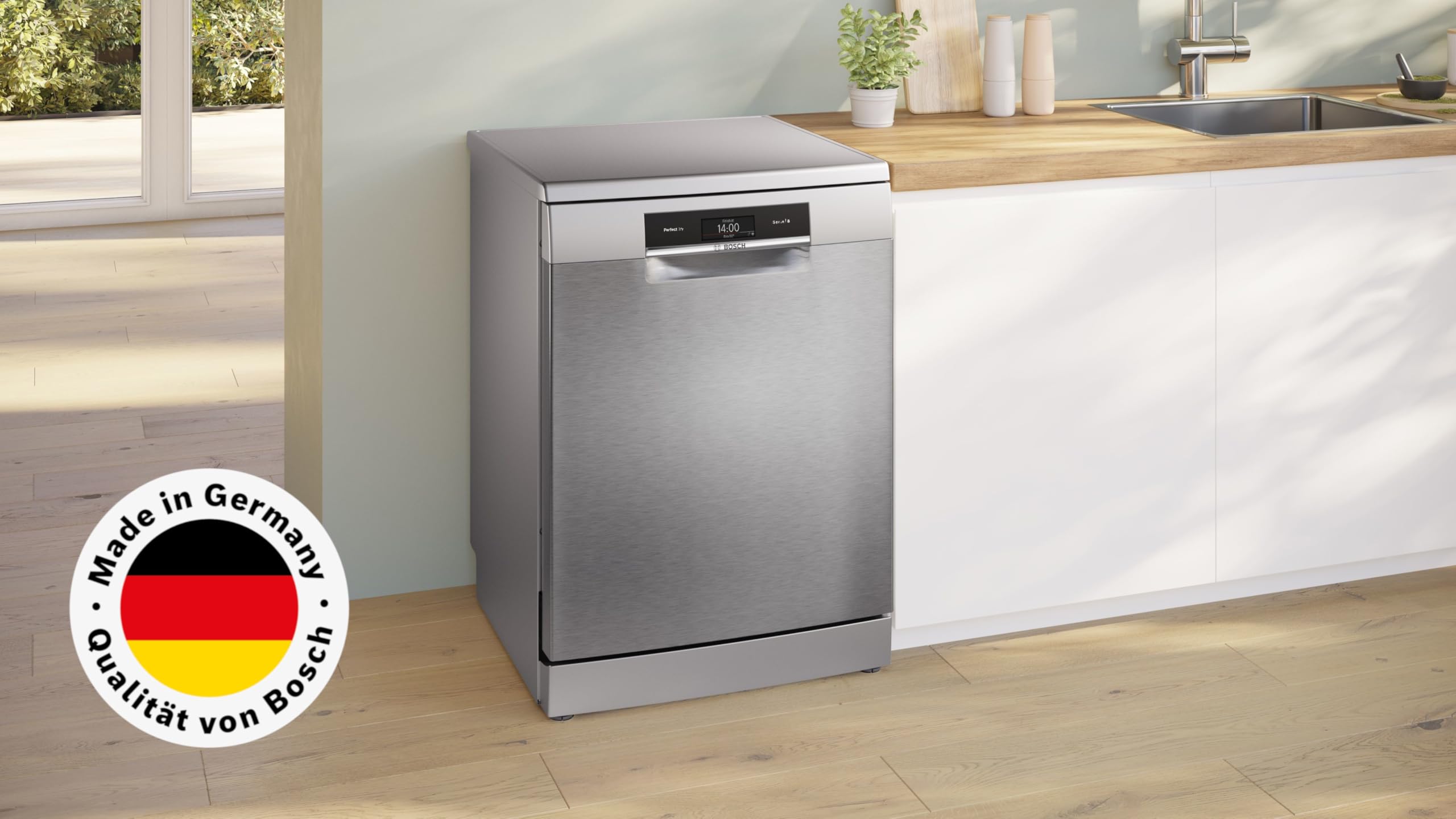 Bosch SMS8TCI04E Serie 8, Geschirrspüler Freistehend 60 cm, Made in Germany, Besteckschublade, PerfectDry - extra trockenes Geschirr, Smart Start, Starke Reinigung, Gebürsteter Stahl Anti-Fingerprint