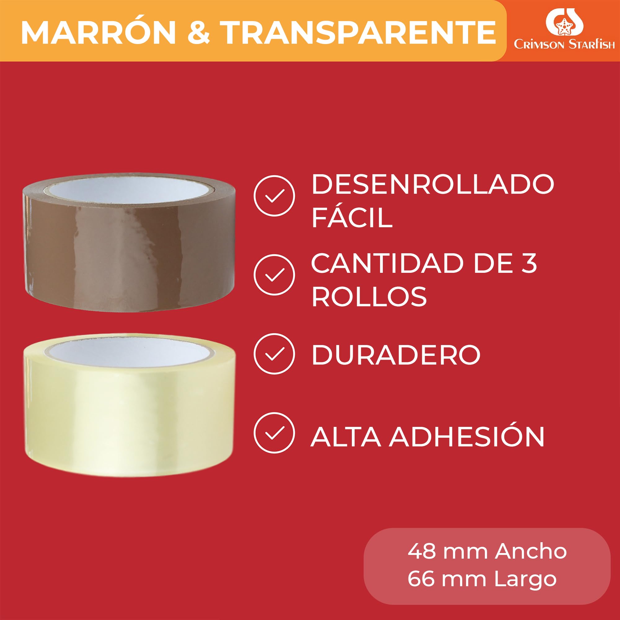 Crimson Starfish 12 rollos de cinta de embalar marrón | Cinta embalaje para paquetes, cajas, envíos, mudanzas, precinto embalar adhesivo, esenciales para mudarse, 48mm x 66m