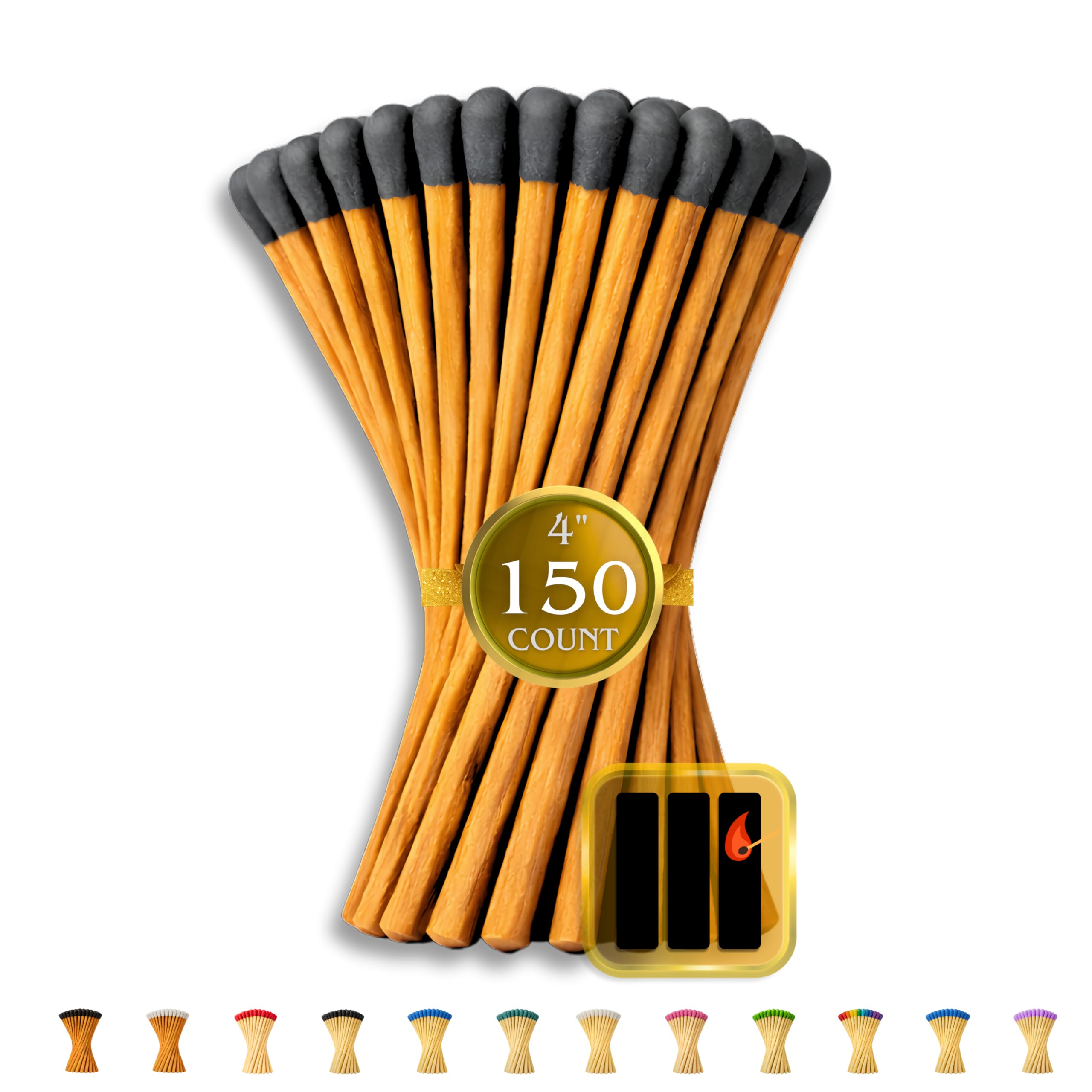 150 Count | 4" Brown &amp; Black Matches | Strikers Included | Color Tip Wooden Match | Refill for Matchstick Jars, Candle Display, Holders &amp; Bottles | 4 in inches Long