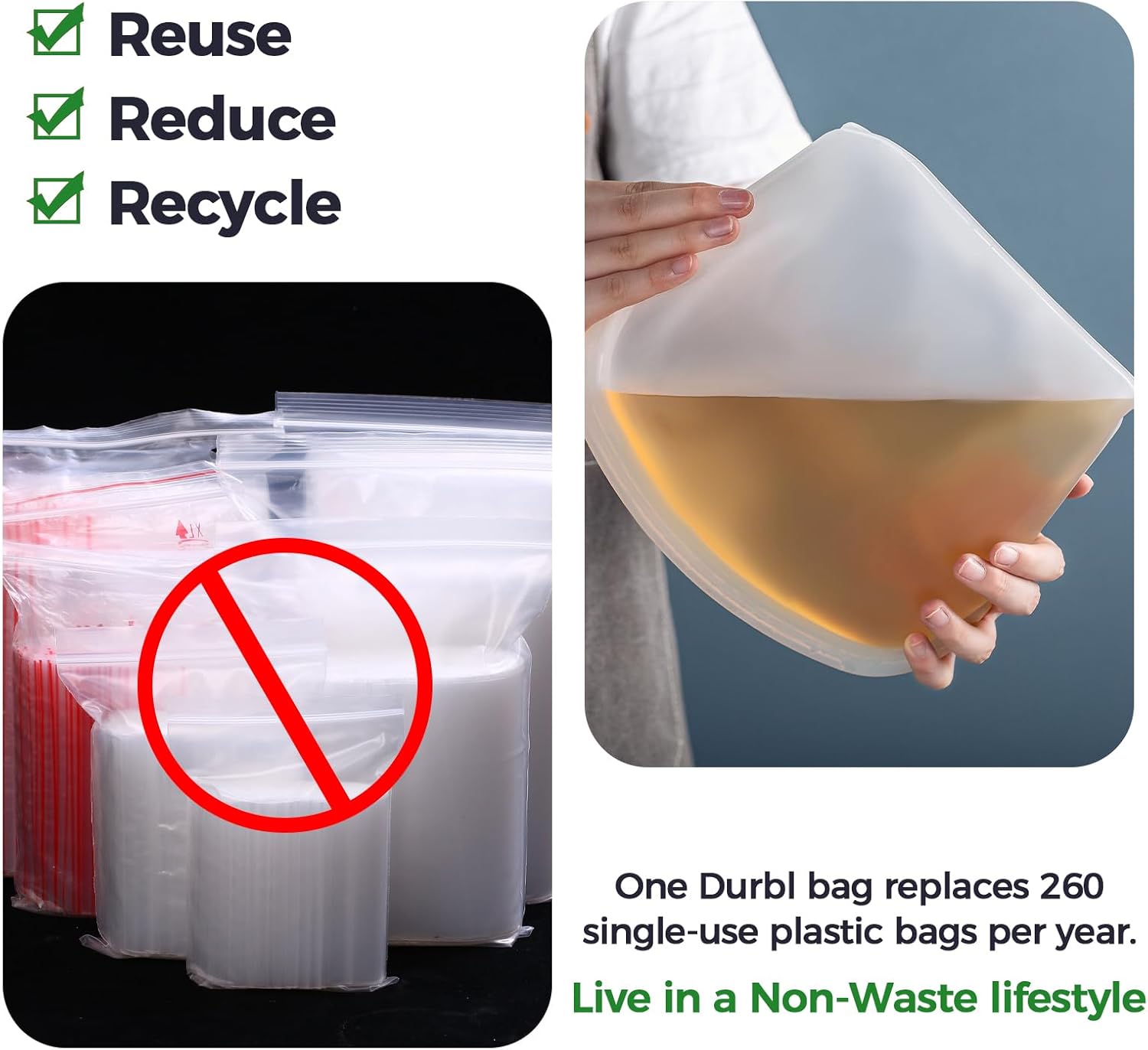 Durbl Reusable Silicone Bags for Food Storage, Bundle 3-Pack Folding Large Silicone Container Bags, Lunch,Sandwich,Make-Up, Travel, Home Organization, Microwave, Dishwasher,Freezer Safe