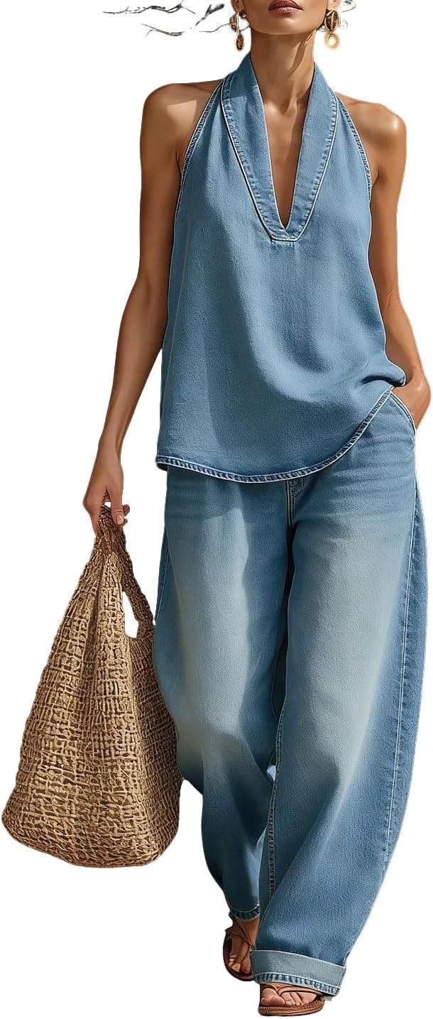 Women's Summer 2 Piece Denim Set Halter Vest Top Wide Leg Barrel Jeans Two Piece Casual Outfits