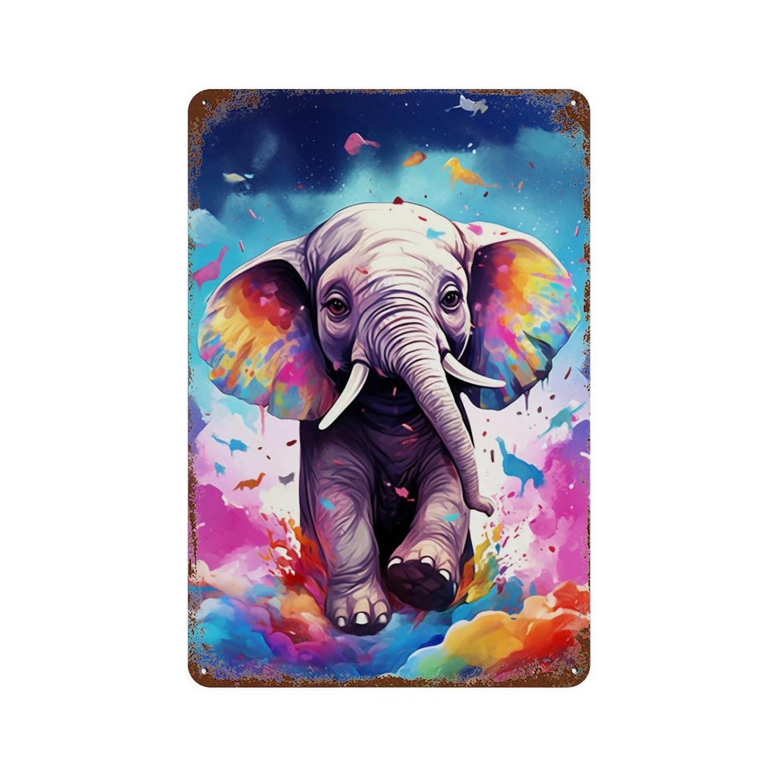 Rust Effect Colorful Elephant Art Print-3 Rustic Tin Plaque 11.8"x7.9", Classic Wall Plaque for Shed, Workshop And Garage Wall Decor