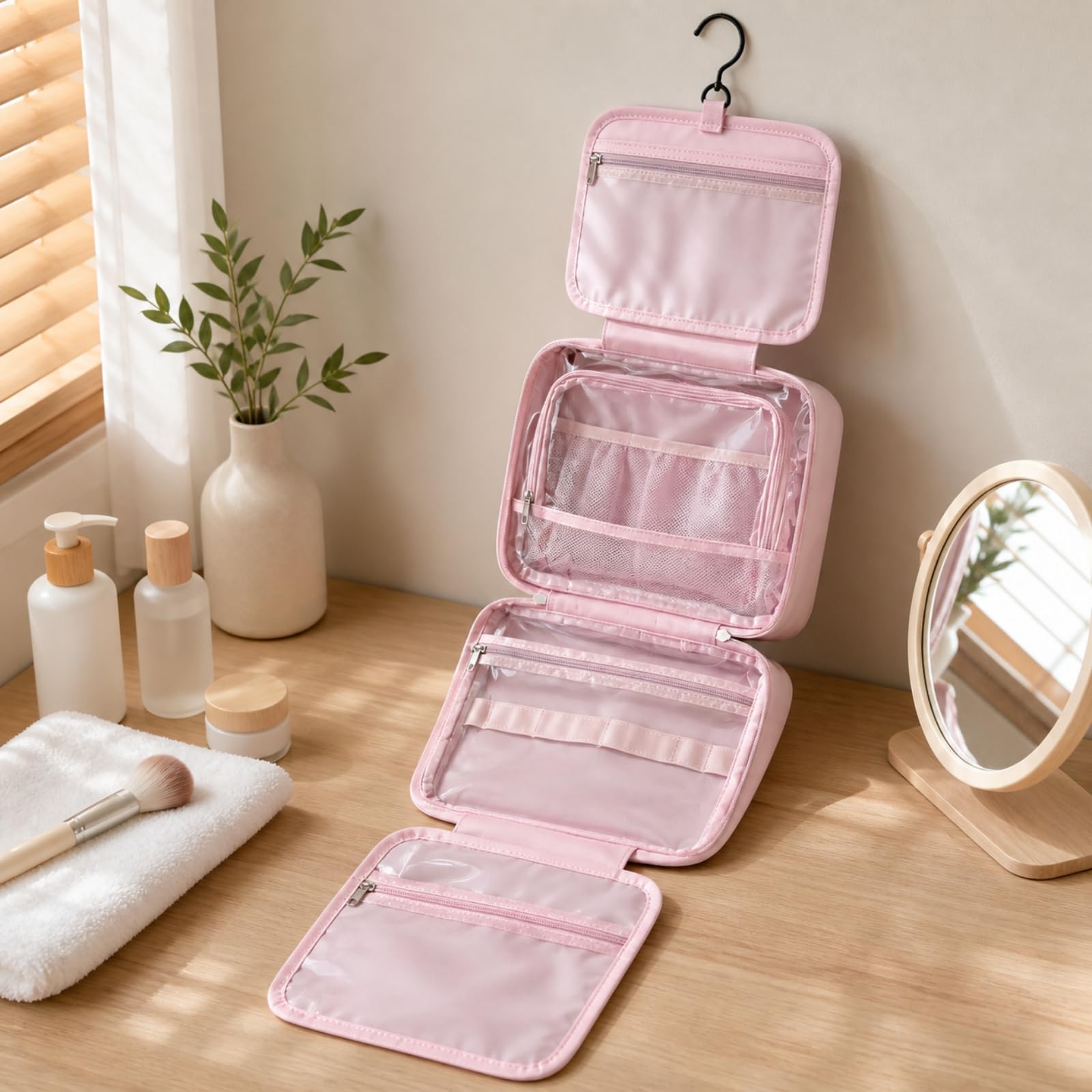 Neceser Colgan Poliésr Portátil Bolsa Aseo Colgan con Gancho Ligero Neceser Viaje para Baños, Beige