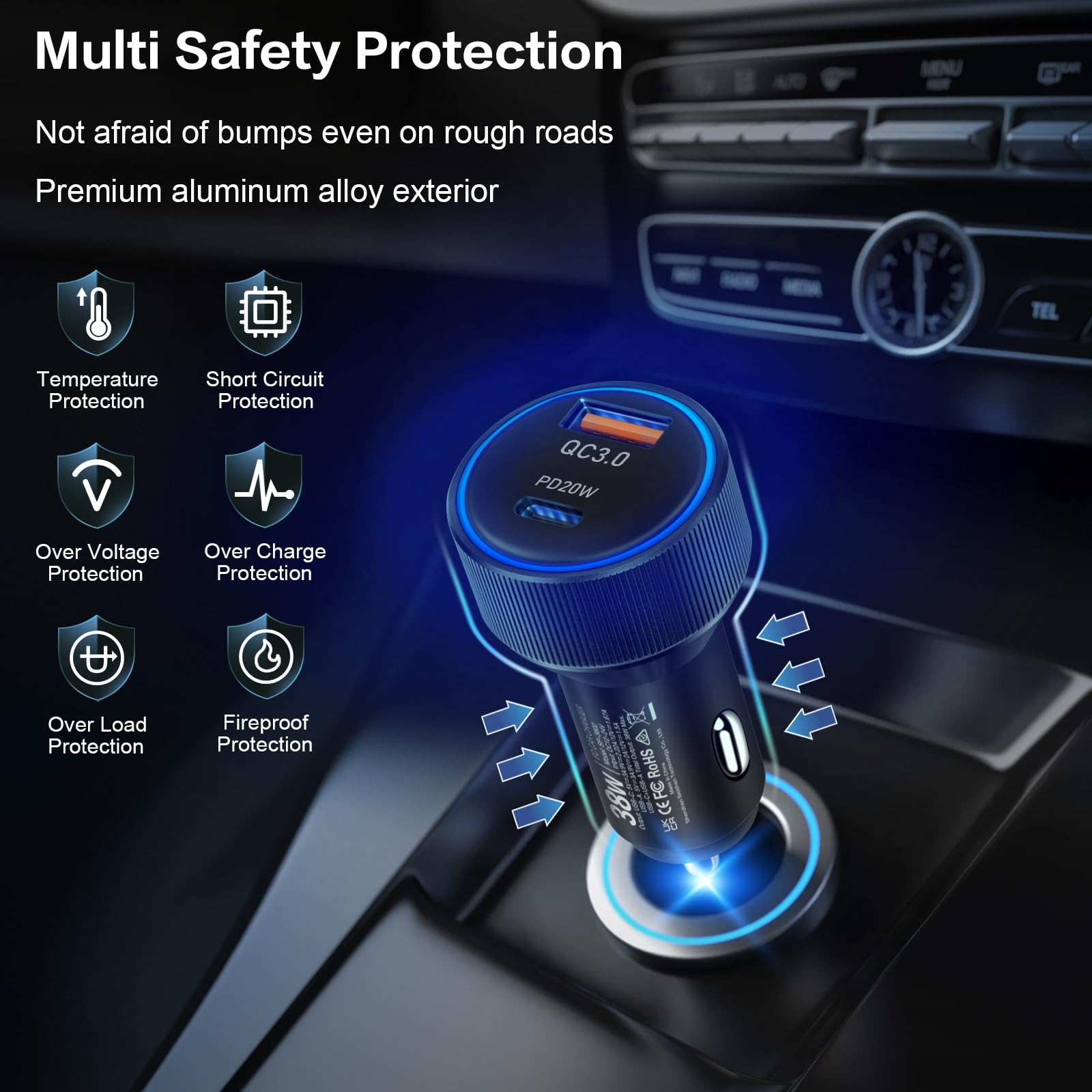 Confezione da 5 caricabatterie da auto USB C, adattatore per accendisigari a ricarica rapida da 38 W, multi porta Boxeroo PD/QC 3.0 Cargador para Carro, adattatore per presa auto per iPhone 16, iPad