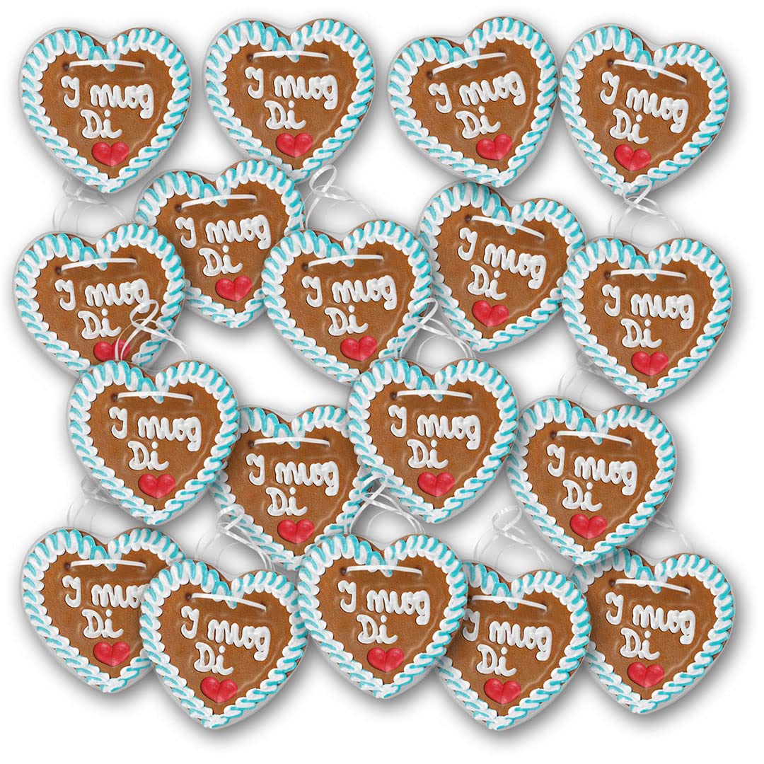 20 Stück Lebkuchenherzen mit "I mog Di " beschriftet 10cm groß / 40g schwer. Frische Oktoberfestlebkuchenherzen aus München. Lebkuchen Herzen günstig kaufen | Konditorei Zuckersucht (20 Stück)