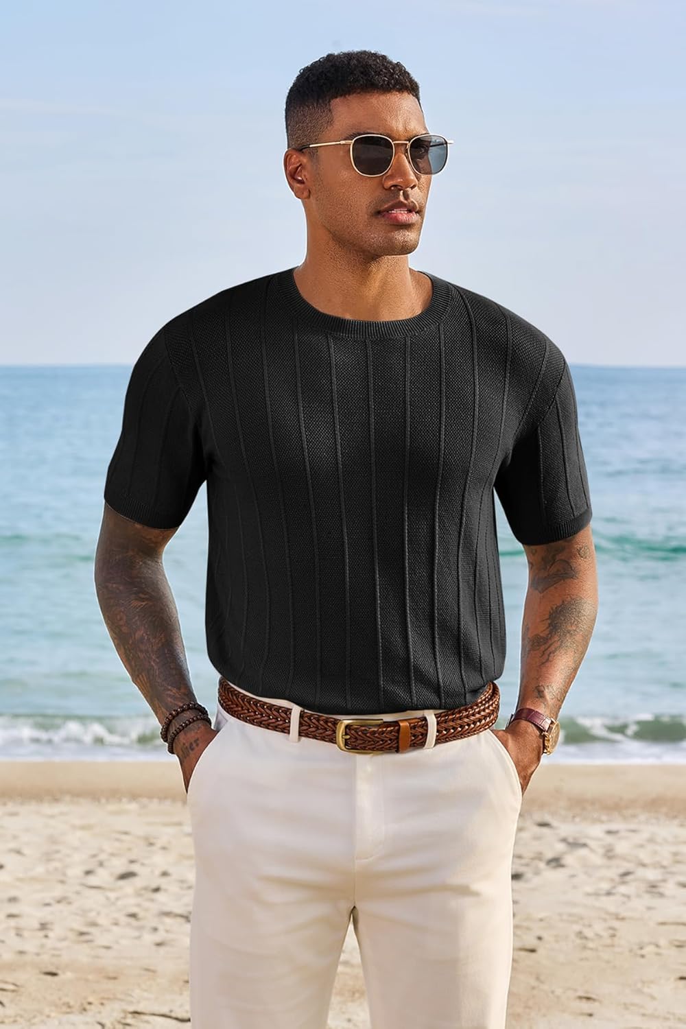 Runcati Mens Knit Short Sleeve T-Shirts Casual Crewneck Sweater Shirt Ribbed Textured Pullover Tees - Image 5