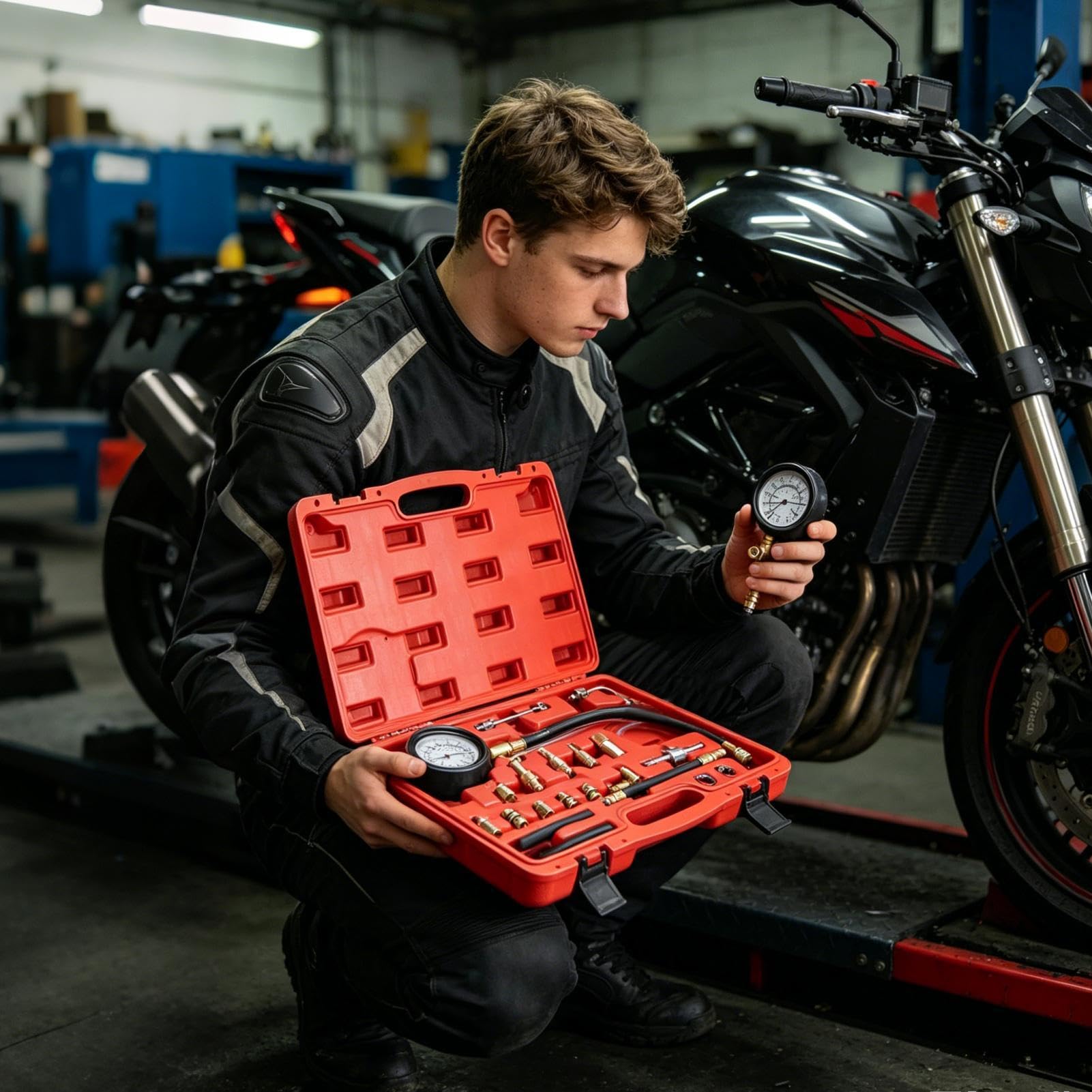 Tester Pressione Olio Rilevatore Di Compressione 0-9,7 Bar Per Iniettori | Kit Tester Olio Motore Per Moto, Auto, Camion, , Casa, Fai Da Te, Officina, Tecnici e Meccanici