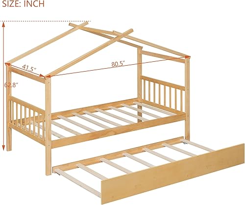 Miniatura 236 de Merax Cama de madera de tamaño individual con dos cajones, marco de cama de madera con techo para niños, adolescentes, niños o niñas, gris