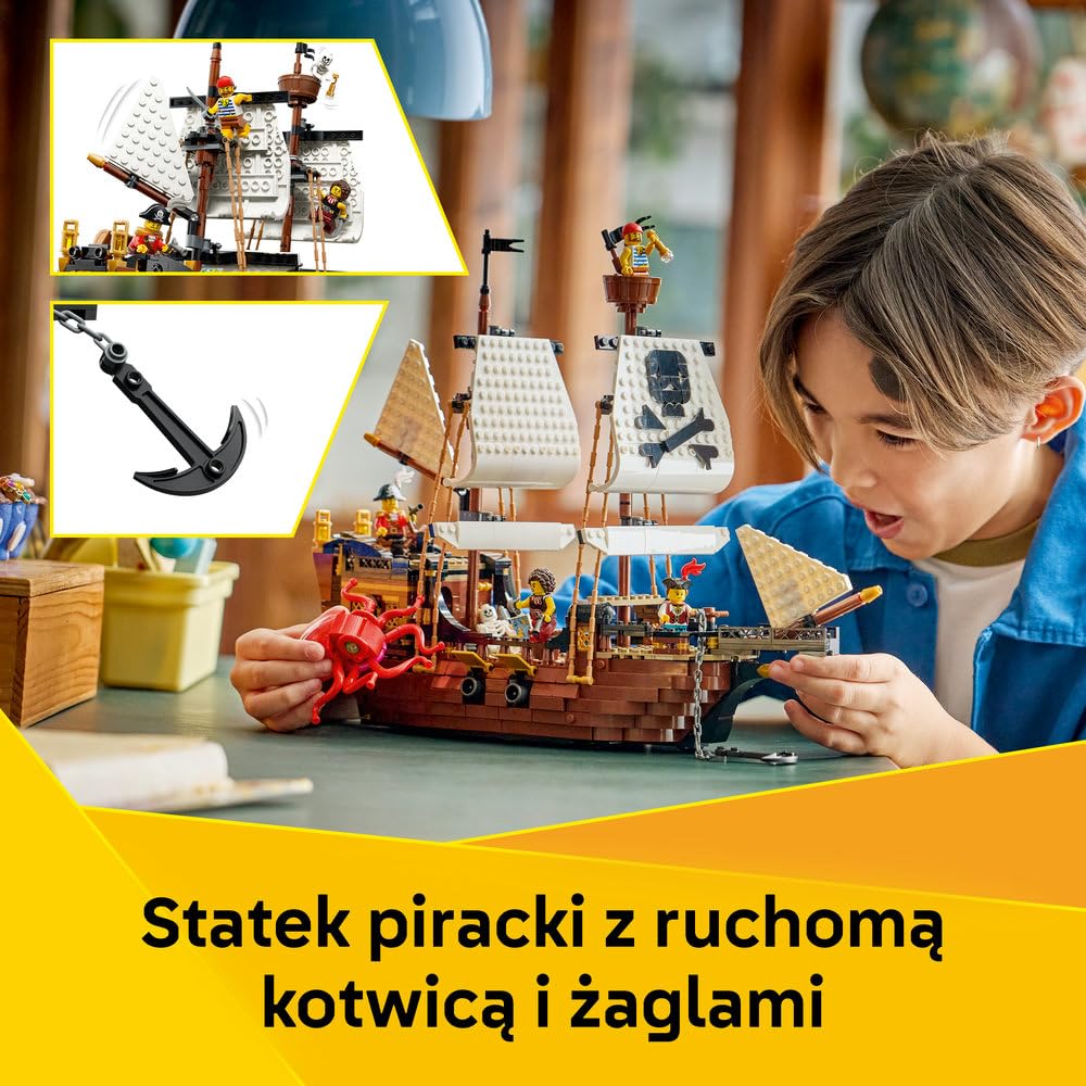 LEGO Creator 3 w 1 Legendarny statek piracki, zabawka konstrukcyjna dla chłopca lub dziewczynki, możliwość przebudowania na zamek lub bliźniacze statki, prezent dla dzieci w wieku od 9 lat 31387