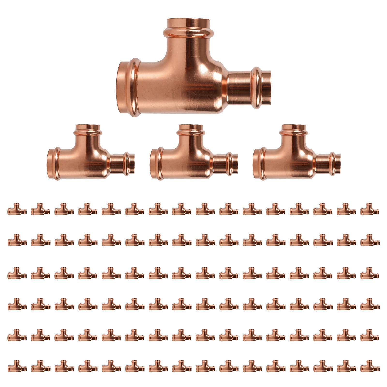 Paquete de 100 Conectores en T reductores de Cobre GUOFIS, 1" P x 1/2" P x 3/4", Conector en T Reductor de presión para plomería, derivación de transición de tamaño de tubería de Tres vías