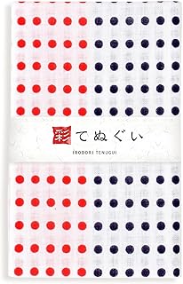 KOMESICHI irodori Japanese Traditional Towel Tenugui Red Navy Dot 12.99 x 34.64 in with Tenugui Iroha (English Manual)