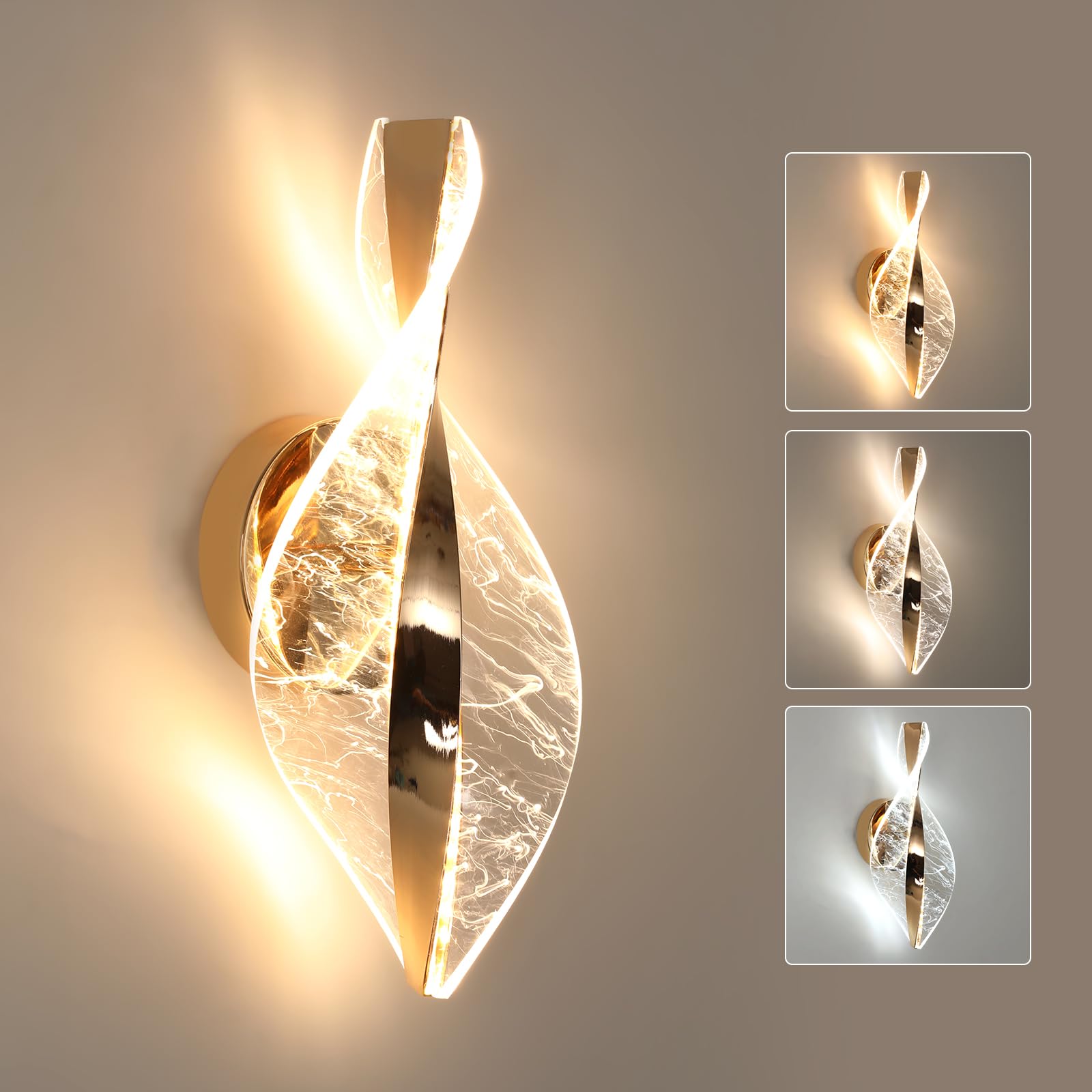 Comely Kinkiet LED, Złoty 12W 2000LM Regulowana Nowoczesna Lampa Ścienna LED, 3 Temperatury Barwowe 3000K/4500K/6500K Wewnętrzna Lampa Ścienna Do Sypialni Korytarza Salonu Sali