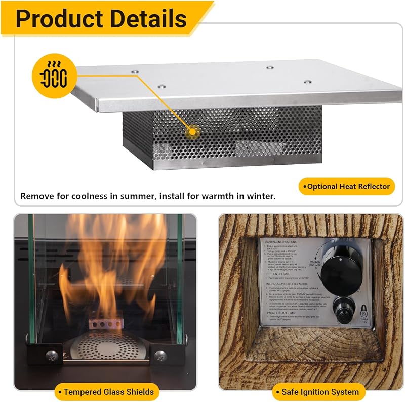 Afterglow Outdoor Patio Propane Fire Heater with Weather Cover Glass 41000 BTU Fireplace Patented & CSA Certificated, Wood Grain Brown image 6