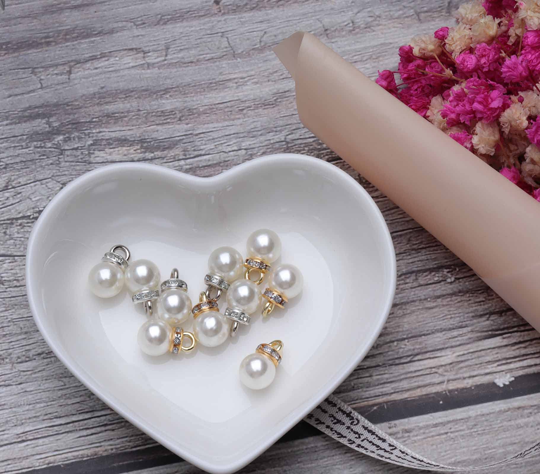 Ruwado Faux Pearl Beads with Rhinestone 25 Pcs Gold 25 Pcs Silver with Hole Vintage 8 mm Elegant Imitation Peal Pendant Charms for Dangle Earrings Necklace Bracelet DIY Jewelry Making Accessories - Image 5