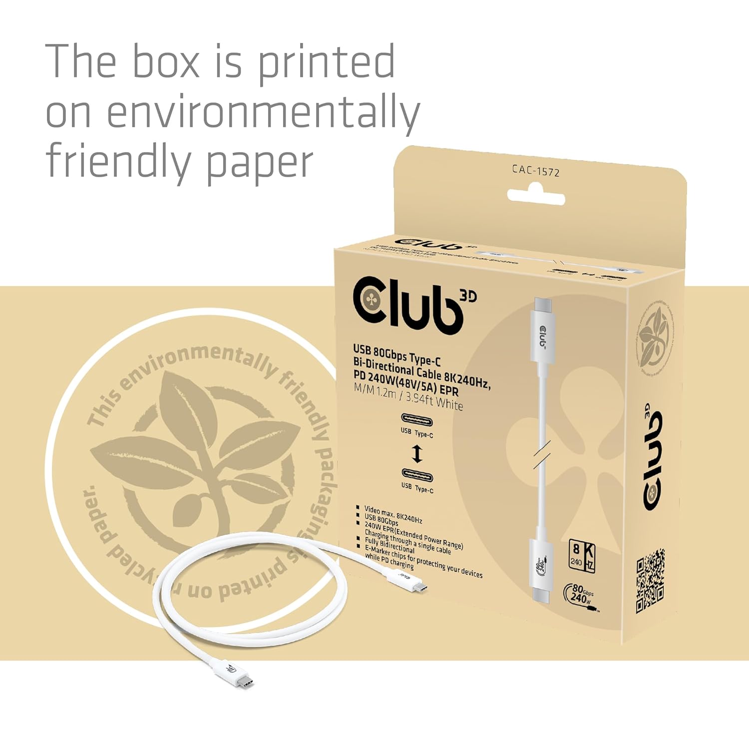 Club 3D CAC-1572 USB 80Gbps Certified 240W 8K 240Hz Type-C® 1.2m / 3.94ft White Cable