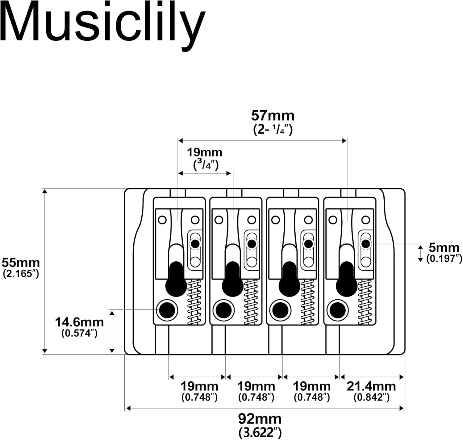 Musiclily Pro 19mm Locking Saddles Hard Zinc 4-String Bass Bridge, Gold