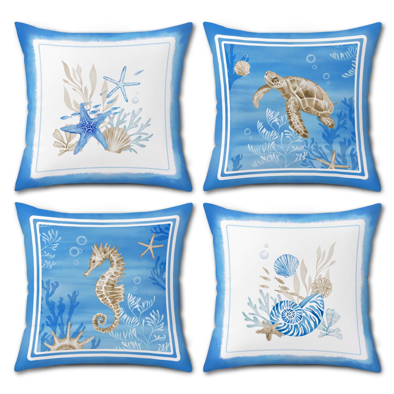 Bonhause Blue Ocean Cushion Covers 45 x 45 cm Coastal Beach Sea Turtle Seahorse Conch Starfish Throw Pillow Covers Soft Velvet Pillowcases for Sofa Patio Summer Decor Set of 4