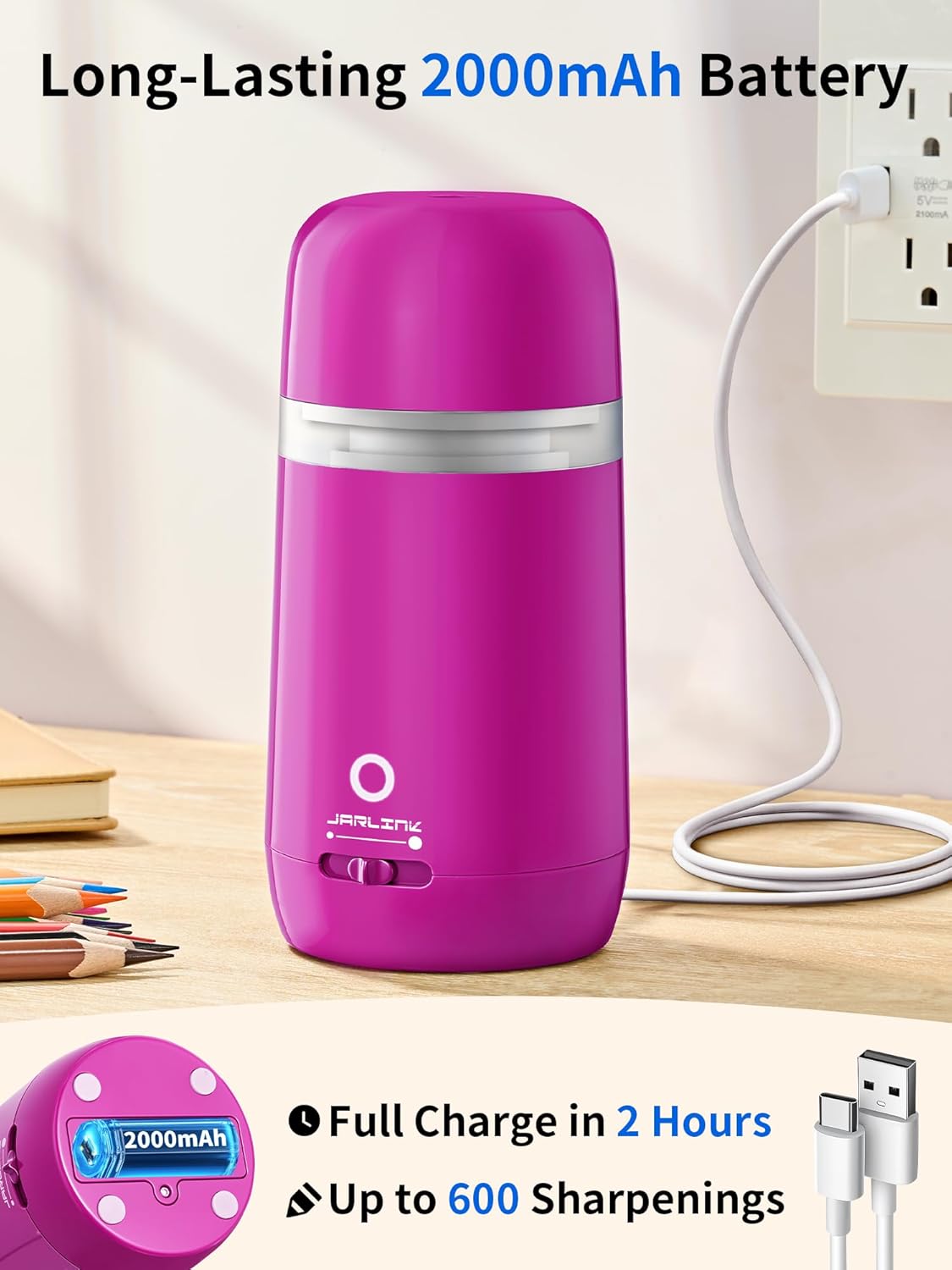 JARLINK Automatic Electric Pencil Sharpener - Hands-Free Operation, 3 Sharpness Modes, 3-Second Sharpening, Rechargeable & Portable for 7-12mm Pencils, Ideal for Classroom and Home Use (Pink)