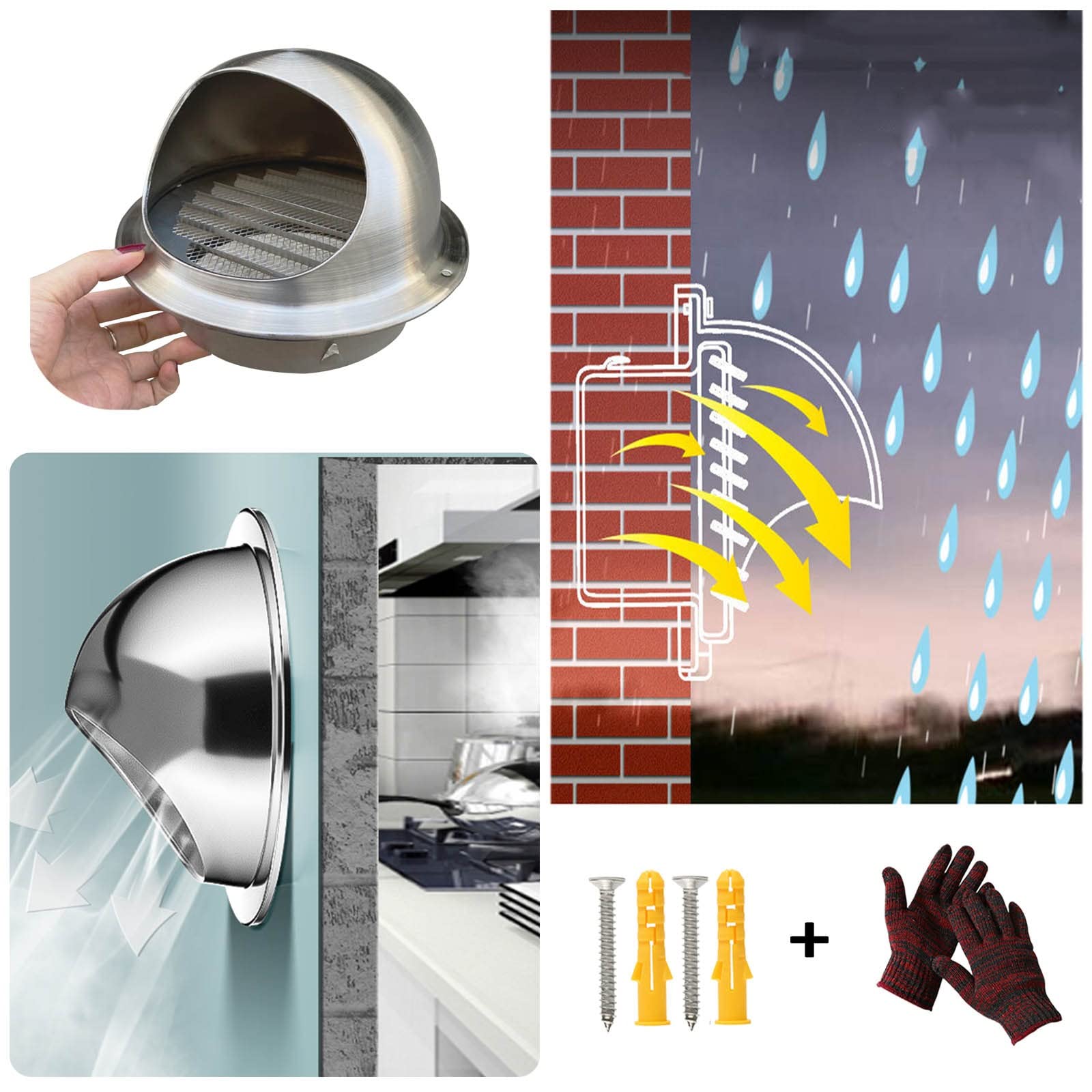 Grille D'Aération Murale pour Intérieur L’évacuation De L'air, Grille Ventilation Hotte en Acier Inoxydable 304, Protection Contre Les Intempéries, Sortie D'évacuation avec Filet