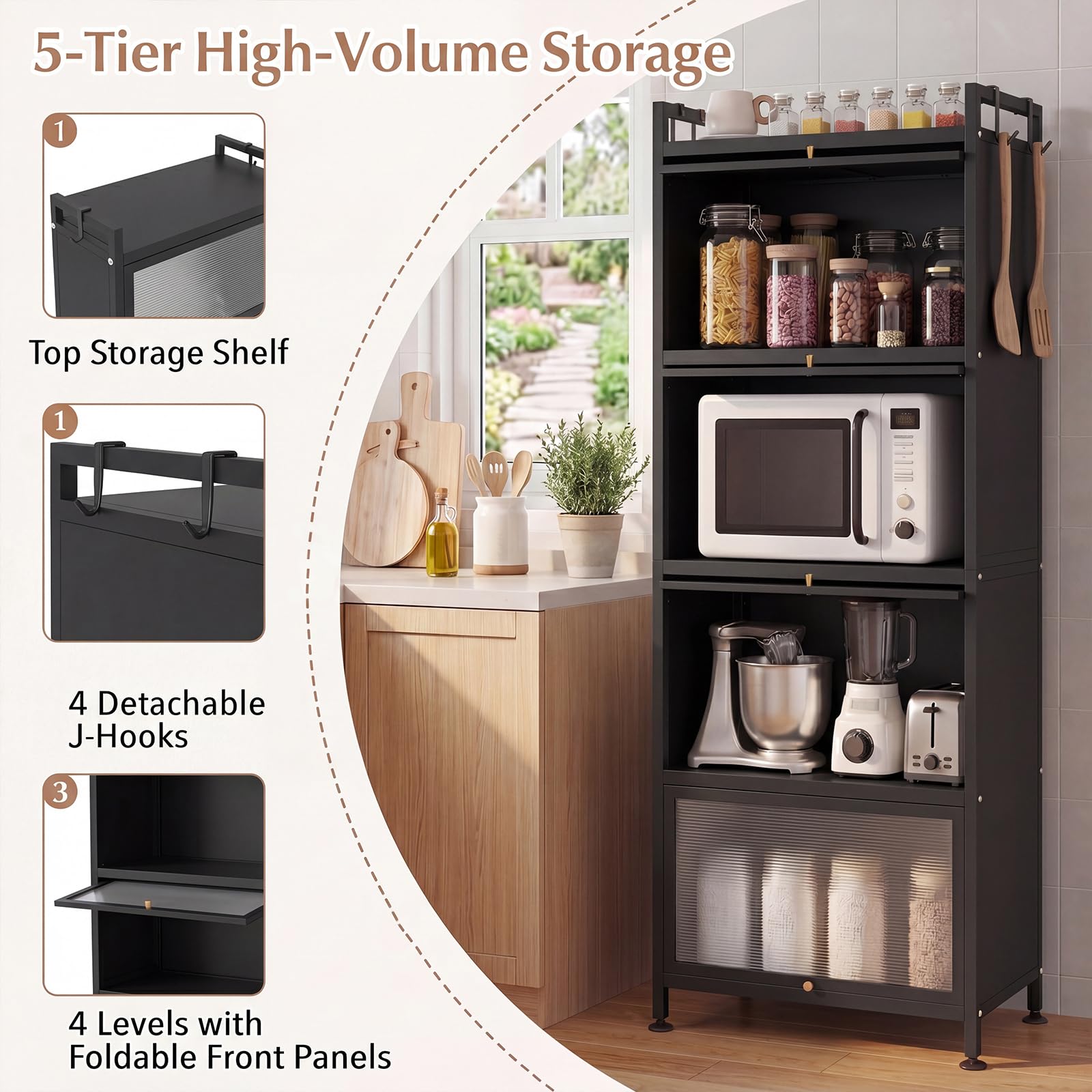 SOARS Mobile Cucina Dispensa a 5 Livelli, 60 X 32 X 153 CM (Nero)