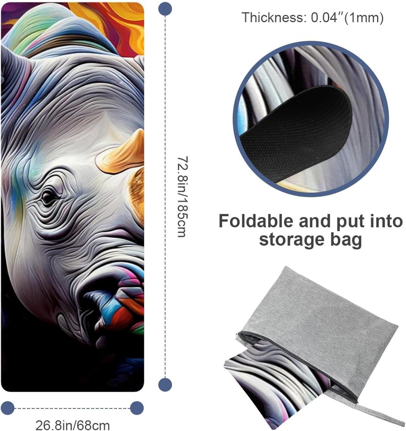 Yoga Towel, Rhino Animal Print Non Slip Sweat Absorbent Hot Yoga Mat Towel for Hot Yoga, Pilates and Fitness - 72.8" x 26.8"