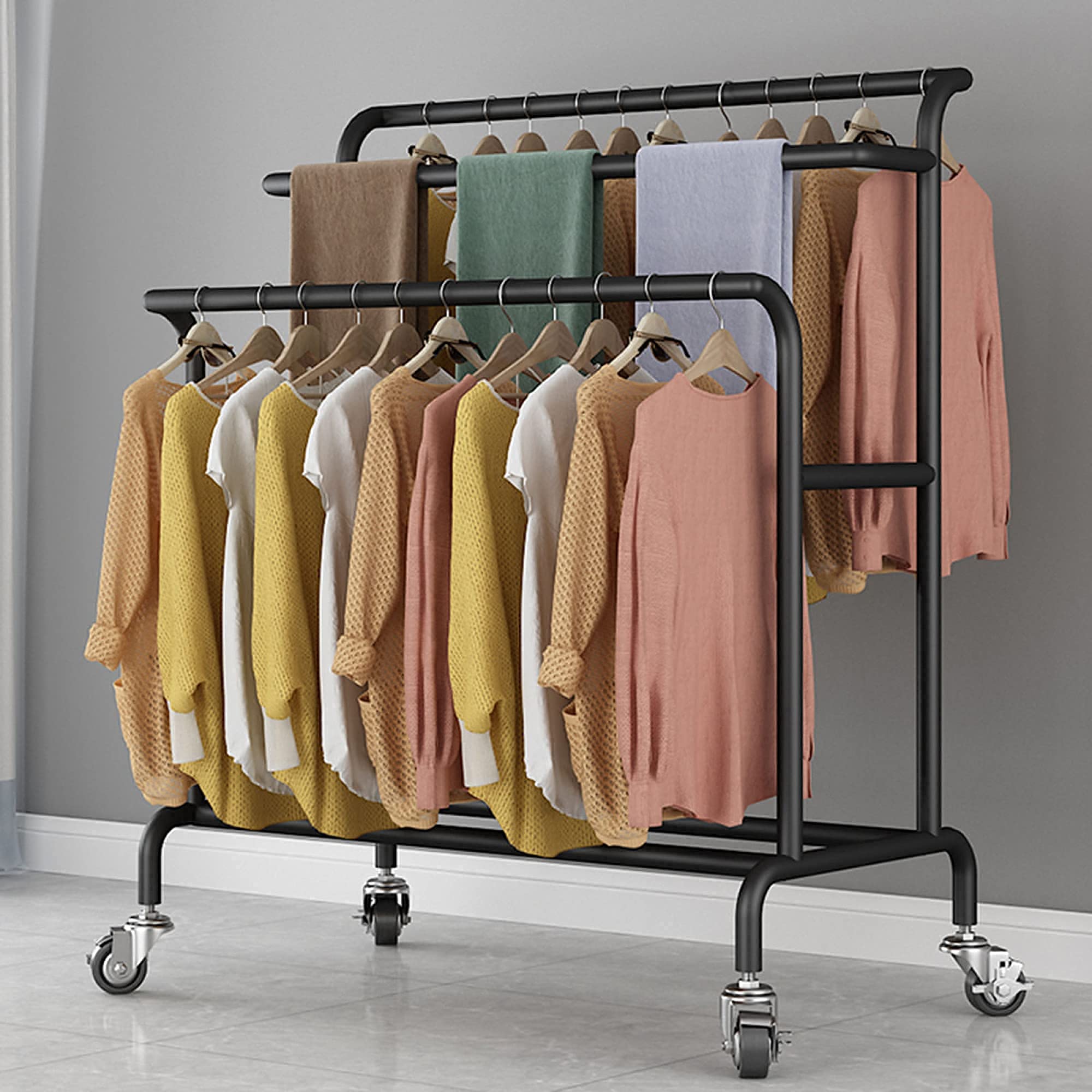 Strapazierfähige Kleiderstange, Kleiderständer mit 3 Schienen, Schlafzimmergarderobe, gewerblicher Vintage-Rollenständer, Golden, 100 cm, Schwarz, 100 cm