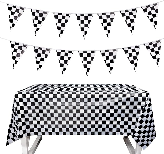 Euvoym Checkered Pennant Banner Racing Flag Party Flag Banner with Checkered Tablecloth for Racing Theme Party Decoration