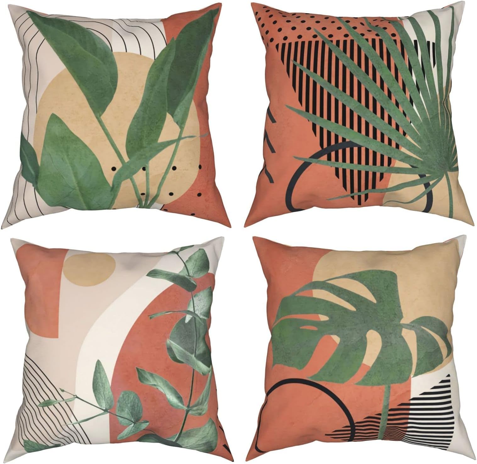 MAKINGTEC Throw Pillow Case, Boho Throw Pillow Covers Set of 4, 18x18 Inch Double Sided Print Abstract Geometric Leaves Pillow Cover, Square Cushion Case for Sofa Couch Chair Farmhouse Home Decor