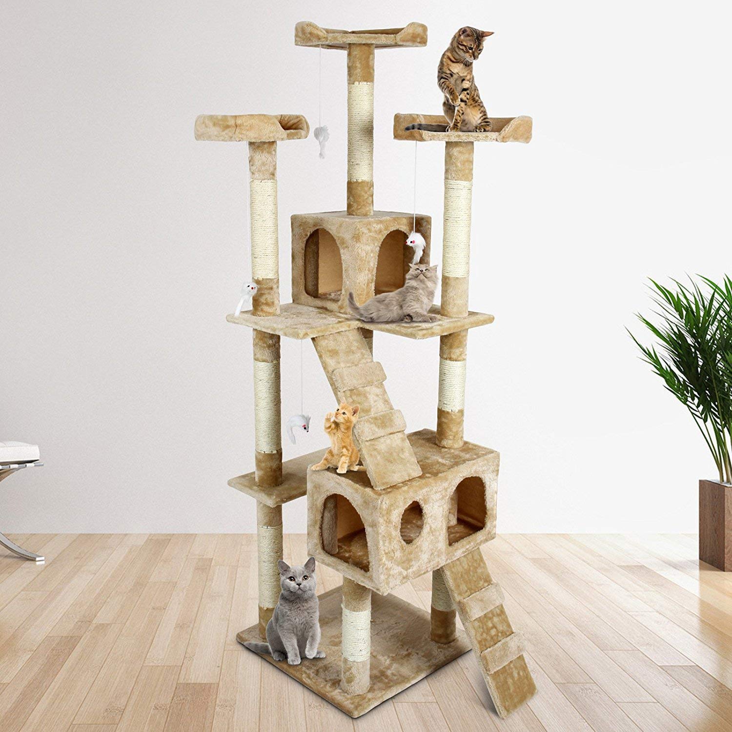 Albero per Gatto con Graffiatoio Cuccia Giocattolo Gatti Parco Giochi Tiragraffi in Sisal Naturale 170 x 49 x 49 cm (Colore Beige Conan 30055)